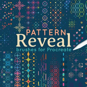 Puede incluir: Gráfico de arte digital con el texto "PATTERN Reveal brushes for Procreate". La imagen presenta una variedad de patrones y diseños geométricos coloridos en tonos de azul, rosa, amarillo y verde. Un lápiz óptico blanco está en la imagen.