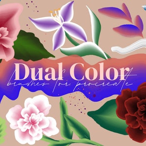 Peut inclure: Illustration numérique avec diverses fleurs et feuilles colorées, avec le texte "Dual Color brushes for procreate." Les fleurs sont roses, violettes et rouges, avec des feuilles vertes sur fond beige.