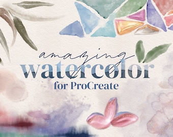 May include: An artistic digital design featuring watercolor elements. The image includes watercolor washes in shades of blue, pink, and green, along with the text "amazing watercolor for ProCreate."