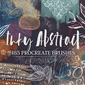 Peut inclure: Une illustration numérique d'art de 185 pinceaux Procreate. L'image présente une variété de coups de pinceau, de textures et de motifs dans une palette de couleurs vives de bleus, de verts, de bruns et de rouges. Le texte "Inky Abstract" est écrit en blanc au centre de l'image.