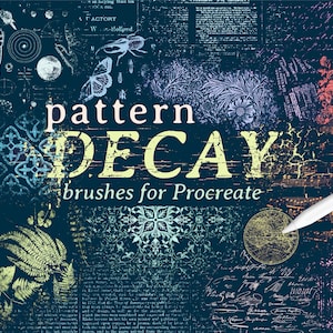 May include: A digital graphic featuring the text pattern DECAY brushes for Procreate in white and yellow lettering. The background is a dark blue collage of vintage illustrations including keys, ferns, butterflies, maps, and script text.