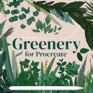 Può includere: Una collezione di foglie verdi e felci disposte in un cerchio attorno al testo "Herbarium Vol. Greenery for Procreate". Il testo "Made with Real Plants" è su un'etichetta dorata nell'angolo in alto a destra.