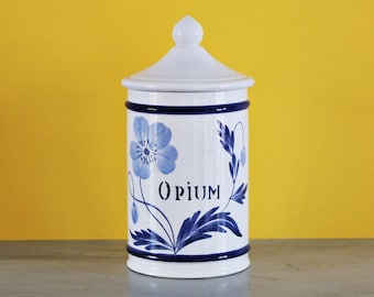 OPIUM earthenware apothecary pot from Longchamp France hand painted - 1960