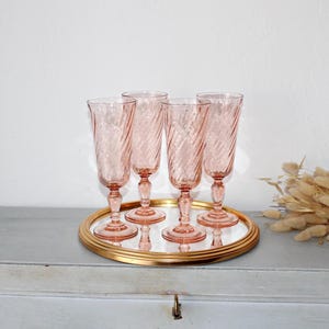 Set of 4 ROSALINE champagne flutes – Luminarc Arcoroc pink glass - France 1970