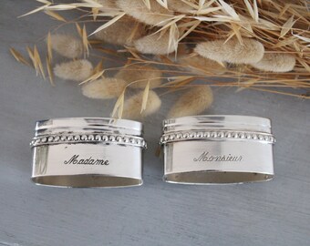 MADAME MONSIEUR napkin rings in hallmarked silver-plated metal – France early 20th century