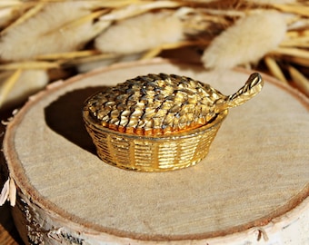 Pequeña caja dorada con cesta y tapa de hoja – caja de coleccionista – caja para dientes de leche