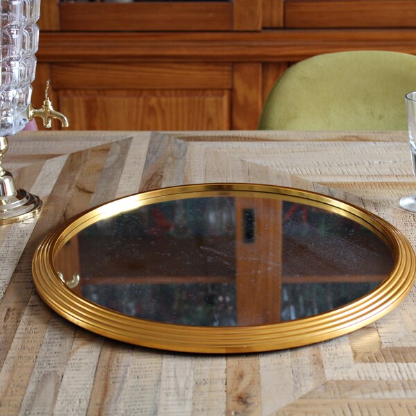 Grand plateau miroir rond métal doré Art Déco - 39,2 cm  / 15,43’’– modèle déposé PARIS DURINOX OXYDOR France 1940 / 50