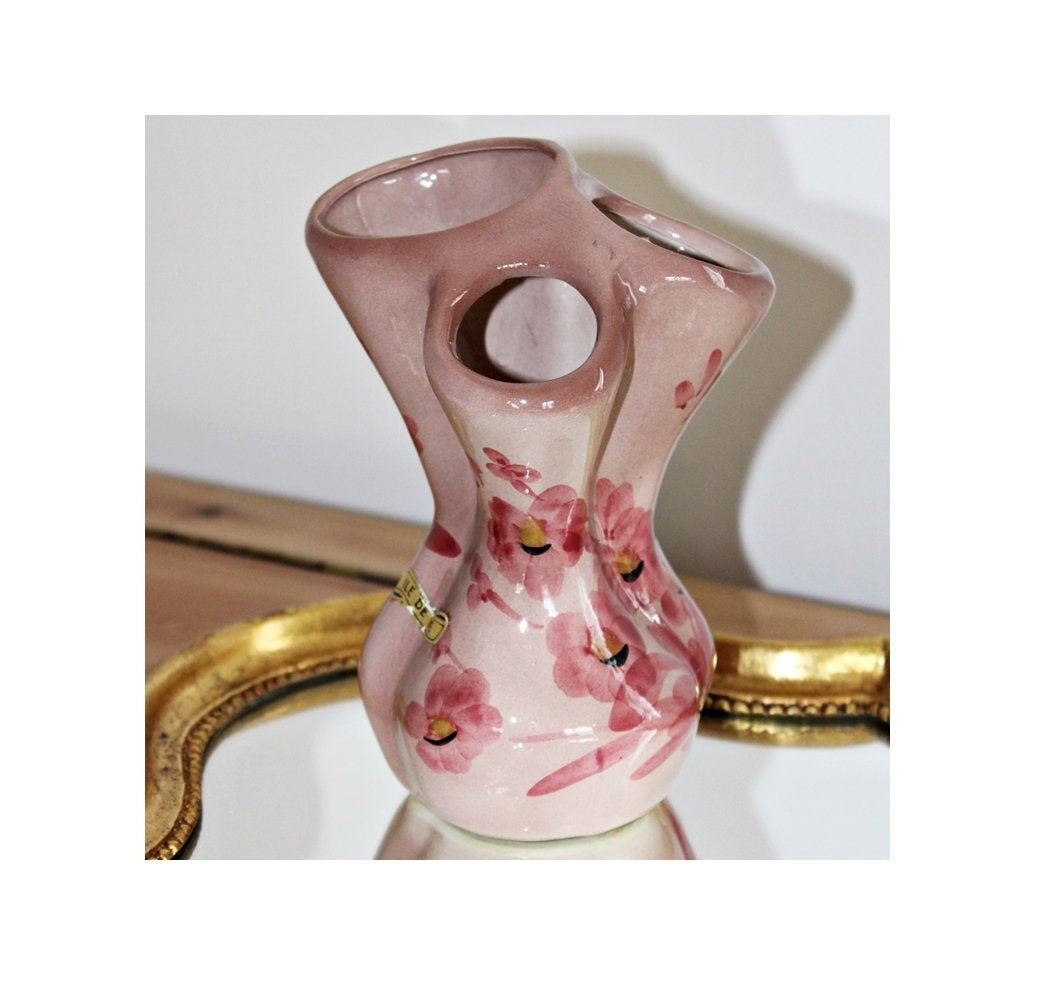 Vase Vintage Céramique Rose Peint à La Main - Artisanat Français Ile de Ré