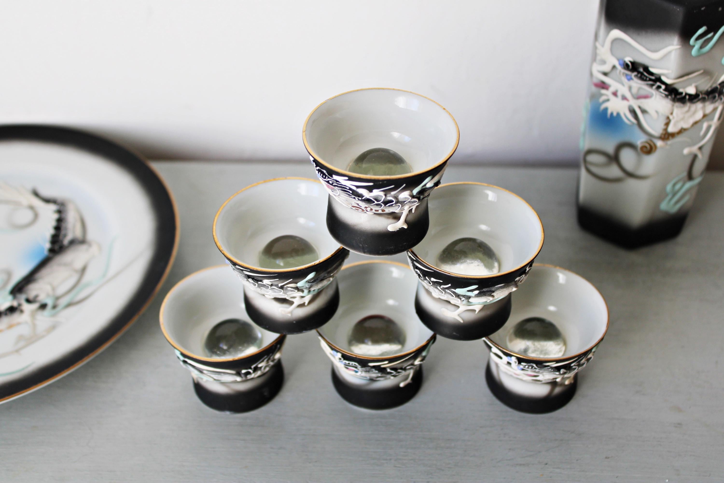 Erotic Sake Set KUTANI JAPAN Black Hand-painted Dragon - With Tray
