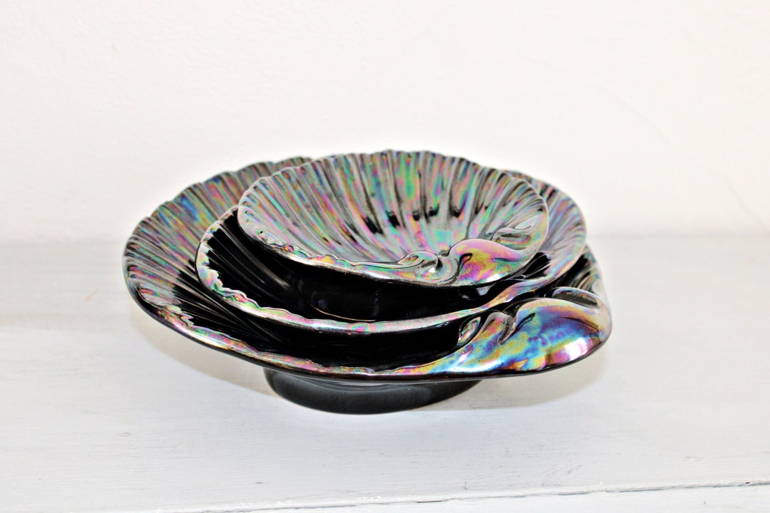 Iridescent Black Ceramic Shell Bowls Iridescent Decoration Etsy
