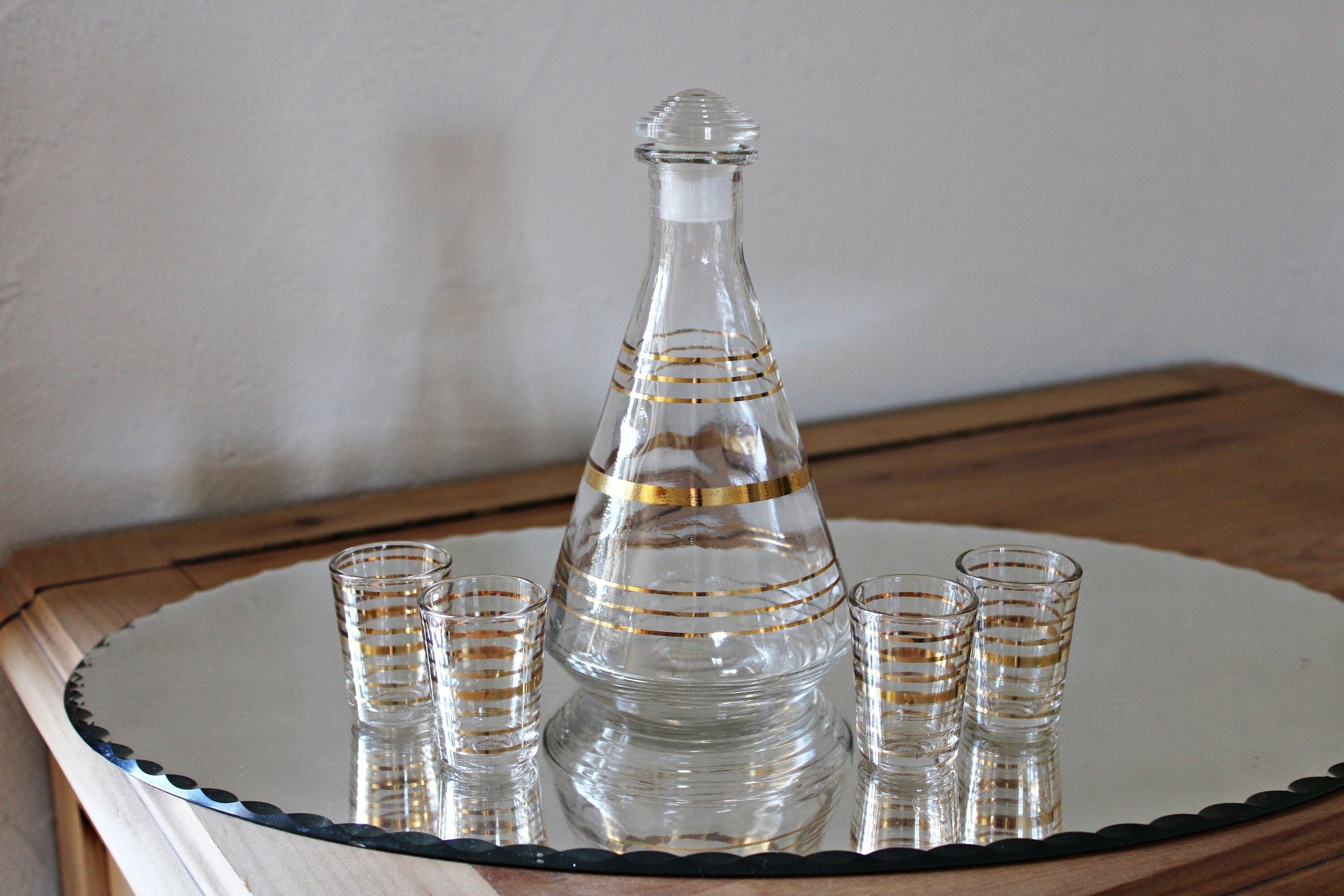 Service à Liqueur Art Déco Made in France 1950 - Carafe et 4 Verres avec Liserés Dorés