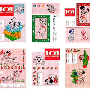 May include: A collection of 101 Dalmatians cross-stitch patterns featuring various scenes from the movie, including Dalmatian puppies in a box, a Dalmatian puppy with a butterfly, and a Dalmatian puppy with a Christmas stocking.