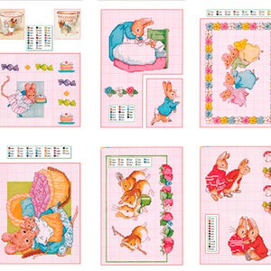 May include: A set of eight cross-stitch patterns featuring adorable bunnies and mice. The patterns are printed on pink paper with a grid overlay. Each pattern includes a color key and instructions.