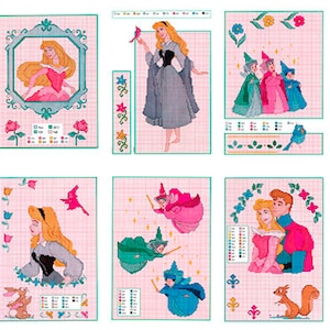 May include: A collection of cross-stitch patterns featuring characters from a fairy tale. The designs include a princess in a pink dress, fairies, and a prince. The color palette is soft, with pink, blue, and yellow hues. The patterns are displayed on a pink grid background.