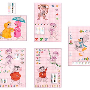 May include: A set of six cross-stitch patterns featuring characters from the Disney movie The Rescuers. The patterns include Bernard, Miss Bianca, and the seagull, among others. Each pattern is on a pink background with a grid.