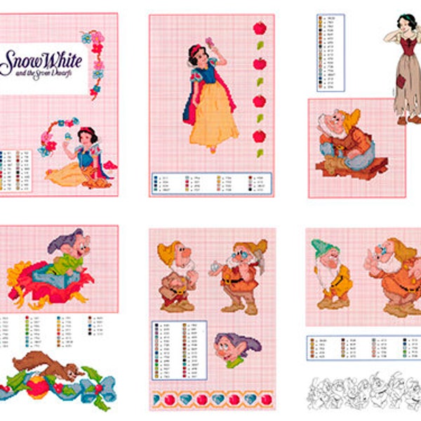 Set of Snow White and the seven dwarfs Vintage Cross Stitch Patterns to download - PDF file