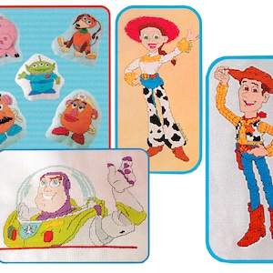 May include: A set of cross-stitch patterns featuring characters from the Toy Story movie franchise. The patterns include Woody, Buzz Lightyear, Jessie, Mr. and Mrs. Potato Head, Slinky Dog, and Alien.