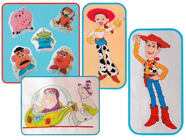 May include: A set of cross-stitch patterns featuring characters from the Toy Story movie franchise. The patterns include Woody, Buzz Lightyear, Jessie, Mr. and Mrs. Potato Head, Slinky Dog, and Alien.