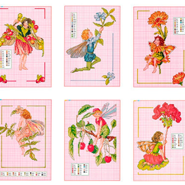 Set von Blumen, Feen, Vintage Kreuzstich Stickmuster zum Downloaden - PDF-Datei