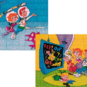 May include: Two cross-stitch patterns featuring characters from the cartoon The Jetsons. The first pattern shows Elroy and Judy Jetson flying in a rocket. The second pattern shows the Jetson family watching television.