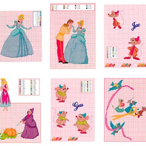Könnte beinhalten: Ein Set mit sechs Kreuzstichmustern mit Figuren aus dem Disney-Film Cinderella. Die Muster beinhalten Cinderella, Prinz Charming, Gus, Jaq und die gute Fee. Jedes Muster befindet sich auf einem rosa Gitter mit einem Farbschlüssel.