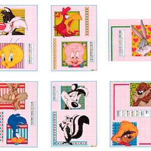 May include: A set of nine colorful cartoon character cross-stitch patterns featuring Bugs Bunny, Tweety Bird, Sylvester the Cat, Daffy Duck, Porky Pig, Road Runner, Wile E. Coyote, Tasmanian Devil, and Yosemite Sam.