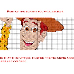 May include: A color cross stitch pattern featuring a cartoon character with red hair, a brown hat, and a big smile. The pattern is printed on a grid with colored squares.