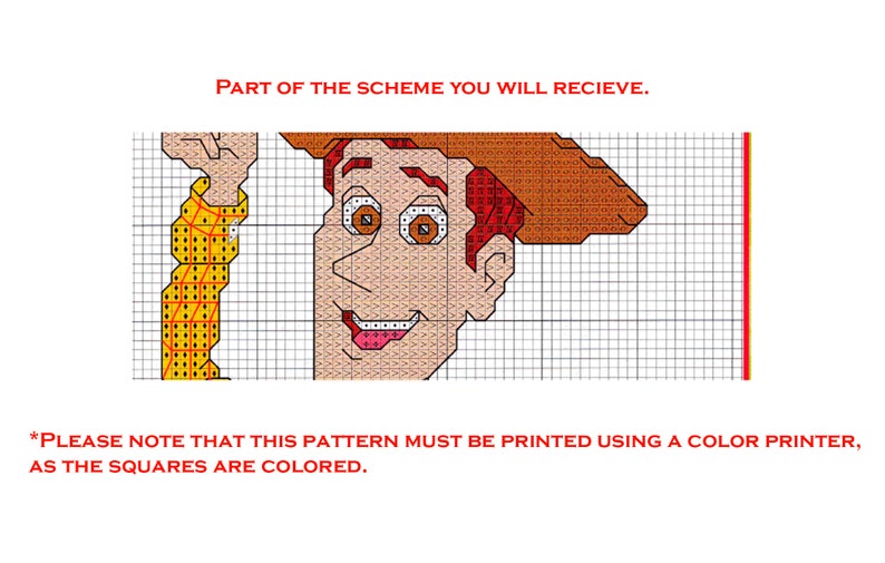 May include: A color cross stitch pattern featuring a cartoon character with red hair, a brown hat, and a big smile. The pattern is printed on a grid with colored squares.