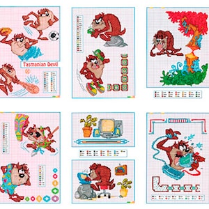 May include: A set of eight cross-stitch patterns featuring the Tasmanian Devil cartoon character in various poses and settings. The patterns include the Tasmanian Devil playing baseball, using a computer, and relaxing in a tree. The text "Tasmanian Devil" is included in one of the patterns.