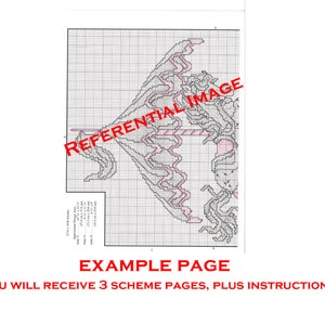 K&ouml;nnte beinhalten: Ein schwarz-wei&szlig;es Kreuzstichmuster f&uuml;r ein Einhorn mit einer Regenbogenm&auml;hne und einem Horn. Das Muster befindet sich auf einem Raster mit Zahlen und Symbolen. Der Text "REFERENTIAL IMAGE" und "EXAMPLE PAGE" ist auf der Seite gedruckt. Der Text "*YOU WILL RECEIVE 3 SCHEME PAGES, PLUS INSTRUCTIONS." ist unten auf der Seite gedruckt.