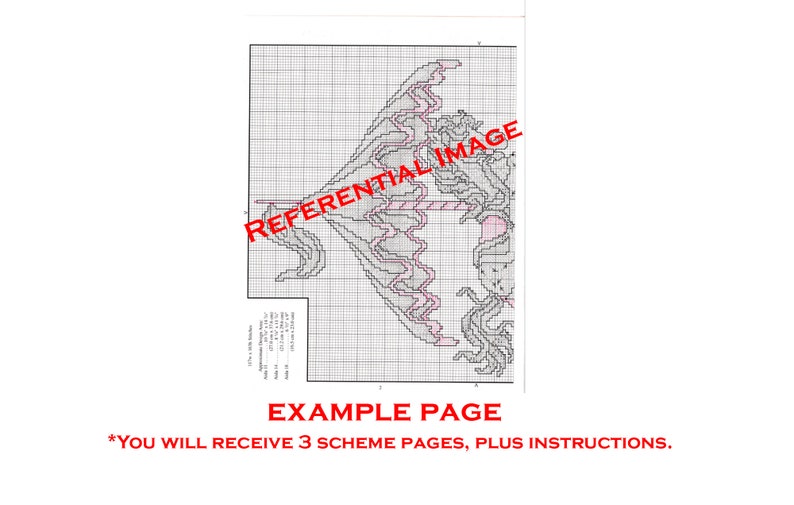 K&ouml;nnte beinhalten: Ein schwarz-wei&szlig;es Kreuzstichmuster f&uuml;r ein Einhorn mit einer Regenbogenm&auml;hne und einem Horn. Das Muster befindet sich auf einem Raster mit Zahlen und Symbolen. Der Text "REFERENTIAL IMAGE" und "EXAMPLE PAGE" ist auf der Seite gedruckt. Der Text "*YOU WILL RECEIVE 3 SCHEME PAGES, PLUS INSTRUCTIONS." ist unten auf der Seite gedruckt.