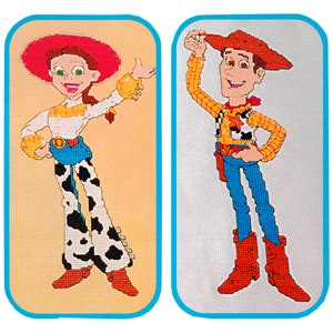 May include: A pair of cross-stitch patterns featuring the characters Woody and Jessie from the Toy Story franchise. Woody is wearing his signature cowboy hat and vest, while Jessie is wearing a red hat and a cowgirl outfit.