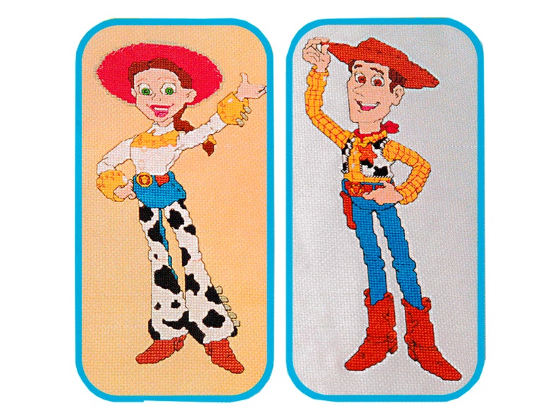 May include: A pair of cross-stitch patterns featuring the characters Woody and Jessie from the Toy Story franchise. Woody is wearing his signature cowboy hat and vest, while Jessie is wearing a red hat and a cowgirl outfit.