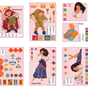 Set vintage kruissteekpatronen De klokkenluider van de Notre Dame om te downloaden: pdf-bestand