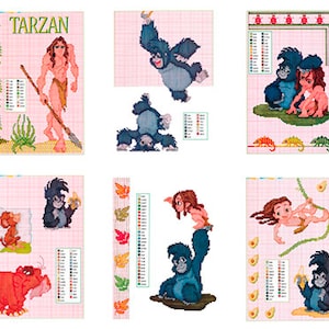 May include: Cross stitch patterns featuring characters from the Disney movie Tarzan. The patterns include Tarzan, Jane, Terk, and the gorillas. The patterns are printed on a white background with a grid.