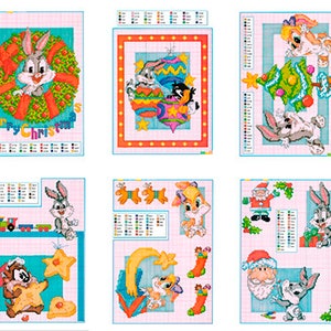 Può includere: Un set di 10 schemi di ricamo a punto croce con Bugs Bunny e altri personaggi dei Looney Tunes che festeggiano il Natale. Gli schemi includono una ghirlanda, un albero di Natale, Babbo Natale e altri elementi festivi.