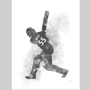 Impresión artística personalizada de jugador de críquet, regalo de bateo, jugador de críquet personalizado, hombre, niño, hombre, regalo para él, blanco y negro
