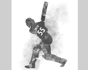 Personalisierter Cricket Spieler Schlagmann KUNSTDRUCK Individueller Cricketspieler Schlagmann Geschenk Sport Mann Junge männlich, Geschenk für ihn, schwarz und weiß