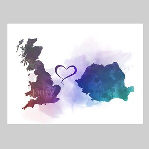 Großbritannien Rumänien Verbindungskarte Zwei Länder KUNSTDRUCK Reisen, Urlaub, Geschenk, Wandkunst, Wohnkultur, Schlafzimmer, Büro, Freunde, Paare