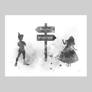 Alice in Wonderland, Peter Pan Signpost, Neverland, kinderkamer, cadeau, kunst aan de muur, woondecoratie, slaapkamer, zwart-wit