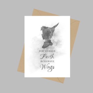 Citazione di Peter Pan, Biglietto di auguri A5, Fede, Ali, Ispirazione, Regalo, Bianco e nero