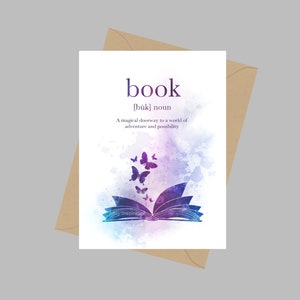 Cytat z definicji książki, karta okolicznościowa A5, czytanie, powieść, literatura, miłośnik książek, prezent