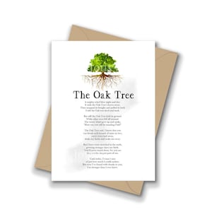 May include: A white greeting card with a poem titled "The Oak Tree" and an illustration of a green tree with roots. The card is inside a brown envelope. The poem is printed in black text.