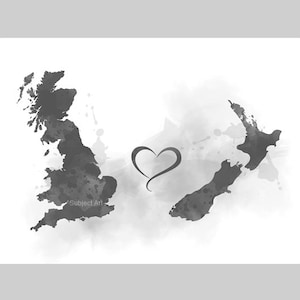 Großbritannien Neuseeland Karte Zwei Länder KUNSTDRUCK Reisen, Urlaub, Geschenk, Wandkunst, Freunde, Paare, schwarz und weiß