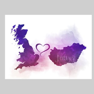 Britain to Hungary Connecting Map Two Countries ART PRINT Travel, Holiday, Gift, Wall Art, Home Decor, Bedroom, Office, Friends, Couples