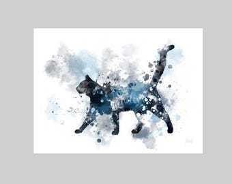 Impresión artística de gato de medianoche, animal, azul, mascota, regalo, arte de pared, decoración del hogar, dormitorio, oficina