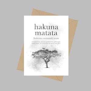 Hakuna Matata Définition Citation, Carte de vœux A5, Cadeau, Noir et Blanc