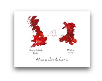 Personalised Two Country Map ART PRINT Long Distance Gift, Travel, Adventure, Any Country, 8 Colours Available, Custom Gift Idea