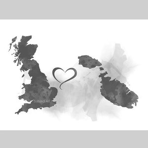 Britain to Malta Connecting Map Two Countries ART PRINT Travel, Holiday, Gift, Wall Art, Friends, Couples, Black and White