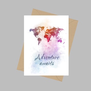 Avontuur wacht op citaat, A5 wenskaart, wereldkaart, reizen, inspirerend, motiverend, cadeau
